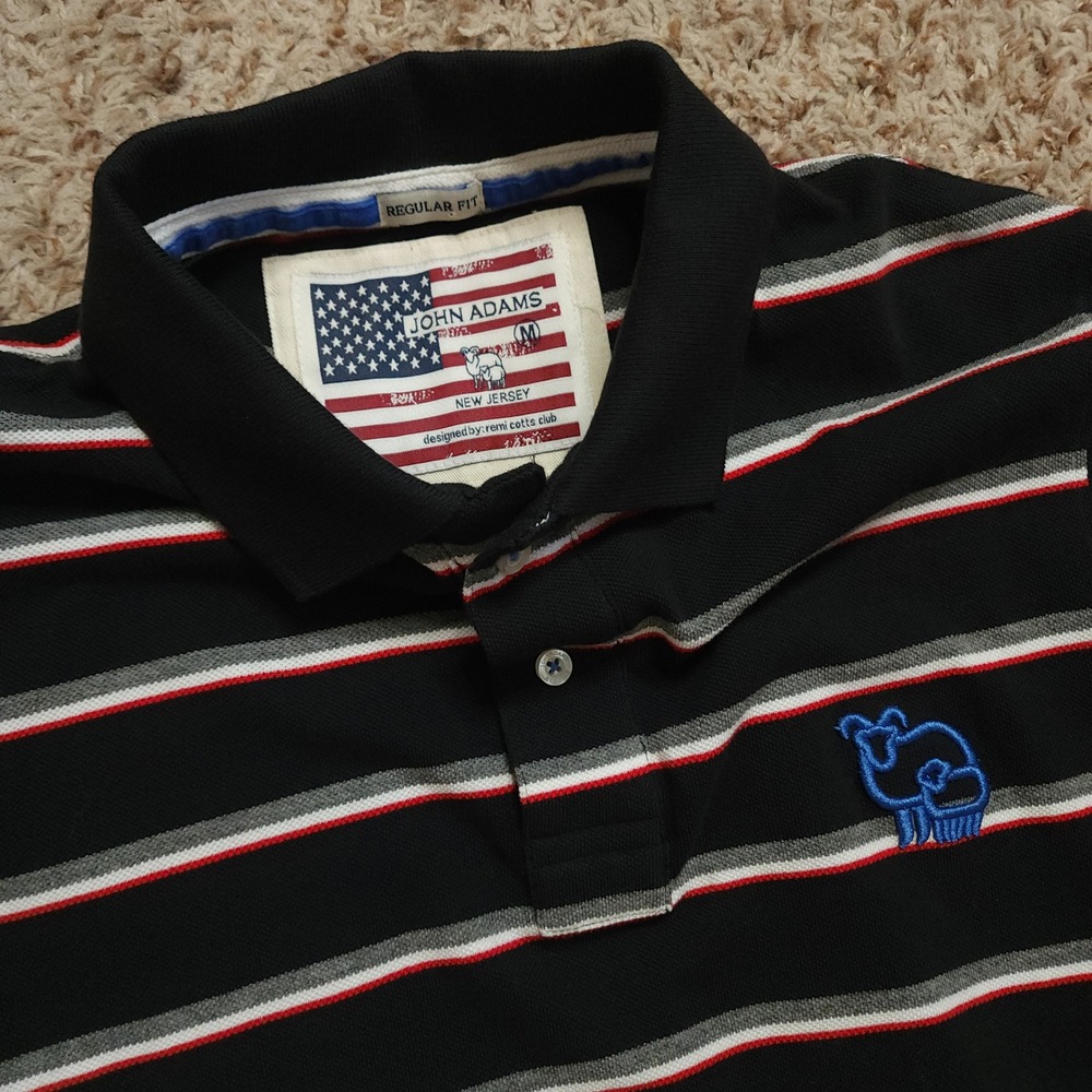 John Adams Polo Shirt Men Medium Black Striped Regular Fit Short Sleeve Ram Logo